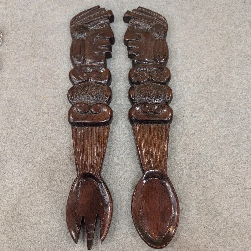 Vintage Hand Carved Wood Tribal Fork and Spoon Wall Art Set Dark Brown Decor‎
